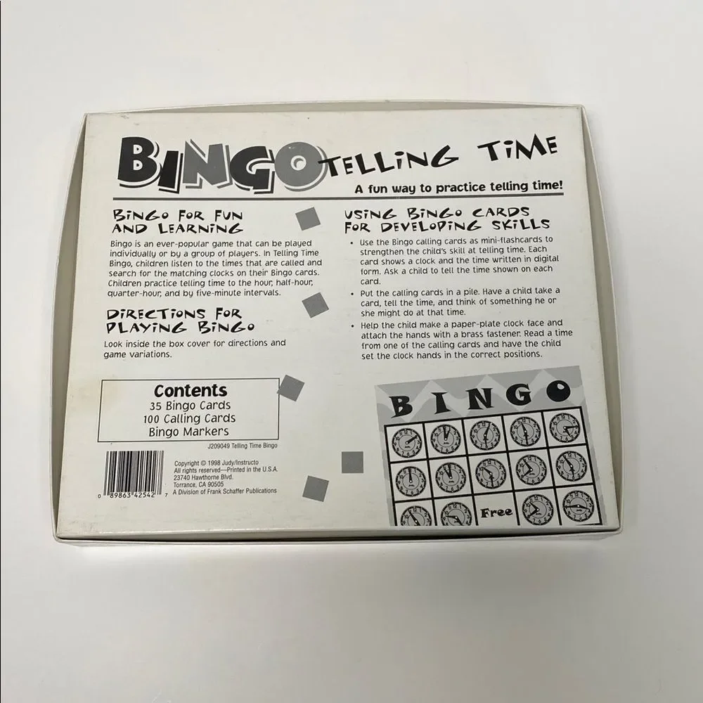 Vintage 1998 Bingo Telling Time Game Judy/Instructo Learning Clock Bingo Ages 5+